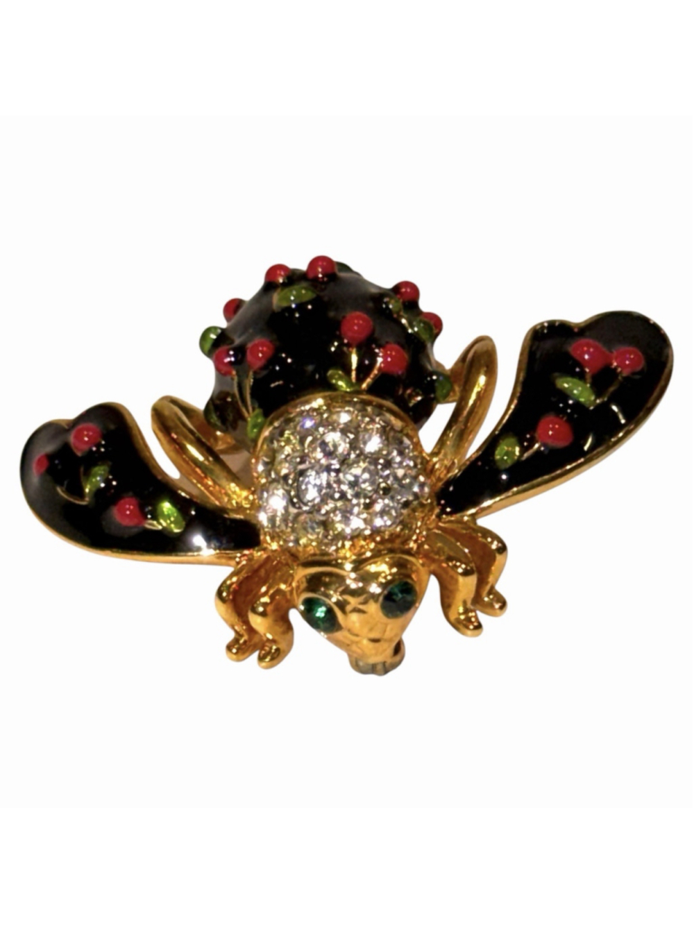 Joan Rivers Bee Pin Black With Red Cherries Brooch Cherry Enamel Jewelry Vintage